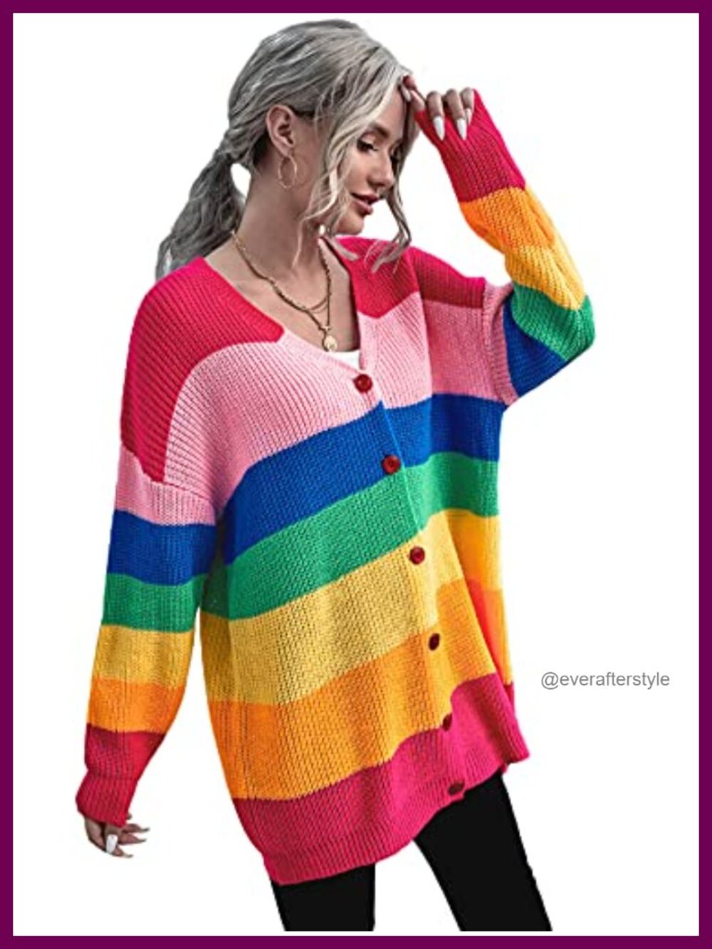 Oversized Button Front Cardigan Sweater Rainbow Striped V Neck Long Sleeve